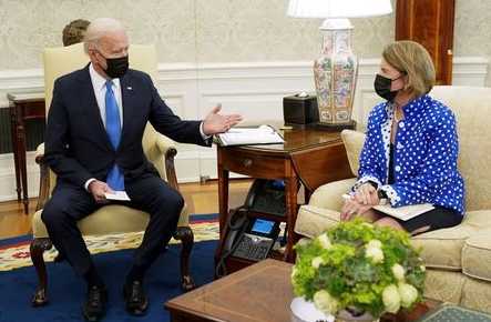 FILE PHOTO: U.S. President Joe Biden gestures toward Senator Shelley Capito (R-WV) during an infrastructure meeting with Republican Senators at the White House in Washington, U.S., May 13, 2021. REUTERS/Kevin Lamarque/File Photo